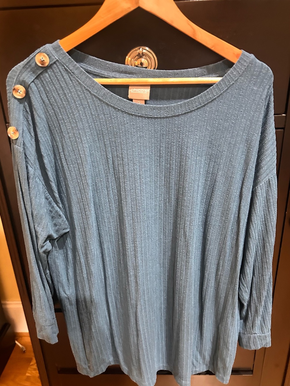 Chico's Teal Ribbed Boatneck Top with Shoulder Buttons